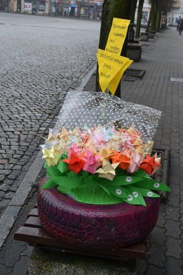 Papierowe kwiatki dla pań od wolontariuszy (zdjęcia)