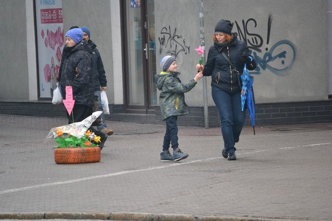 Papierowe kwiatki dla pań od wolontariuszy (zdjęcia)