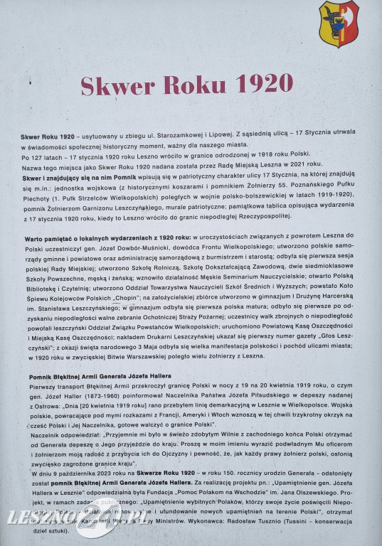 107. rocznicę przybycia do Leszno gen. J. Hallera i Błękitnej Armii