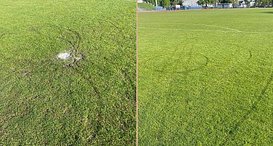 Zniszczone pole karne. Trawa została wyrwana kołami -74810