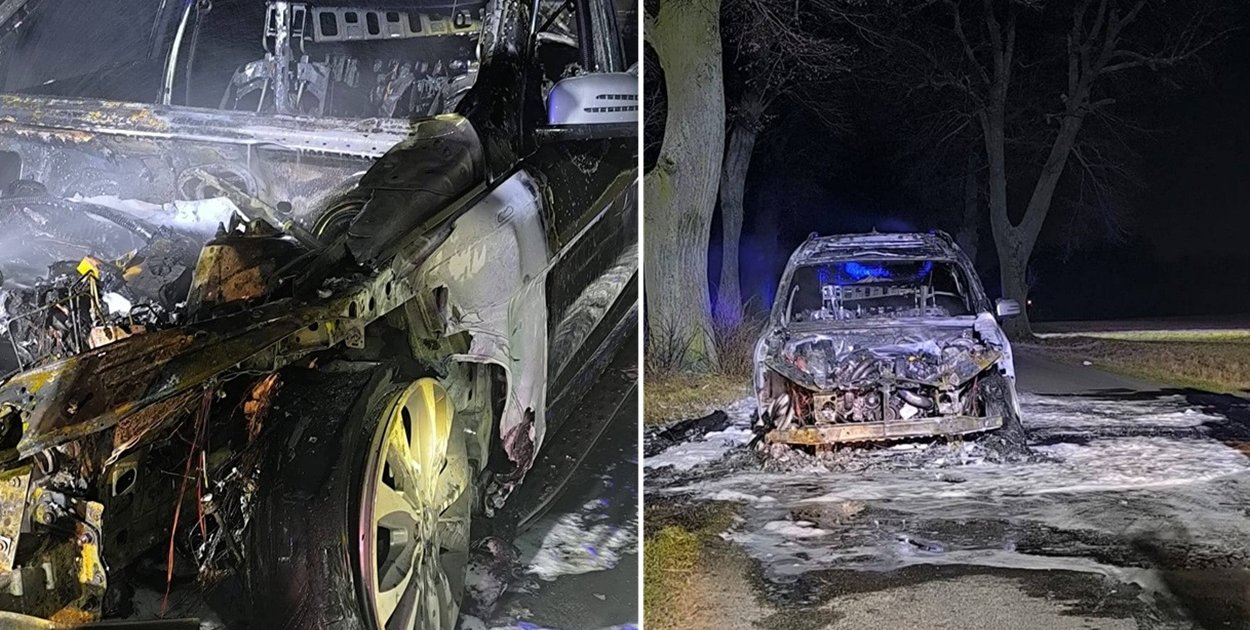 Mercedes zapalił się w czasie jazdy i spłonął doszczętnie (zdjęcia)
